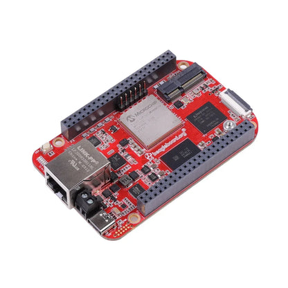 BeagleV Fire red single-board computer with Microchip and Kingston chips, Ethernet port, and GPIO headers